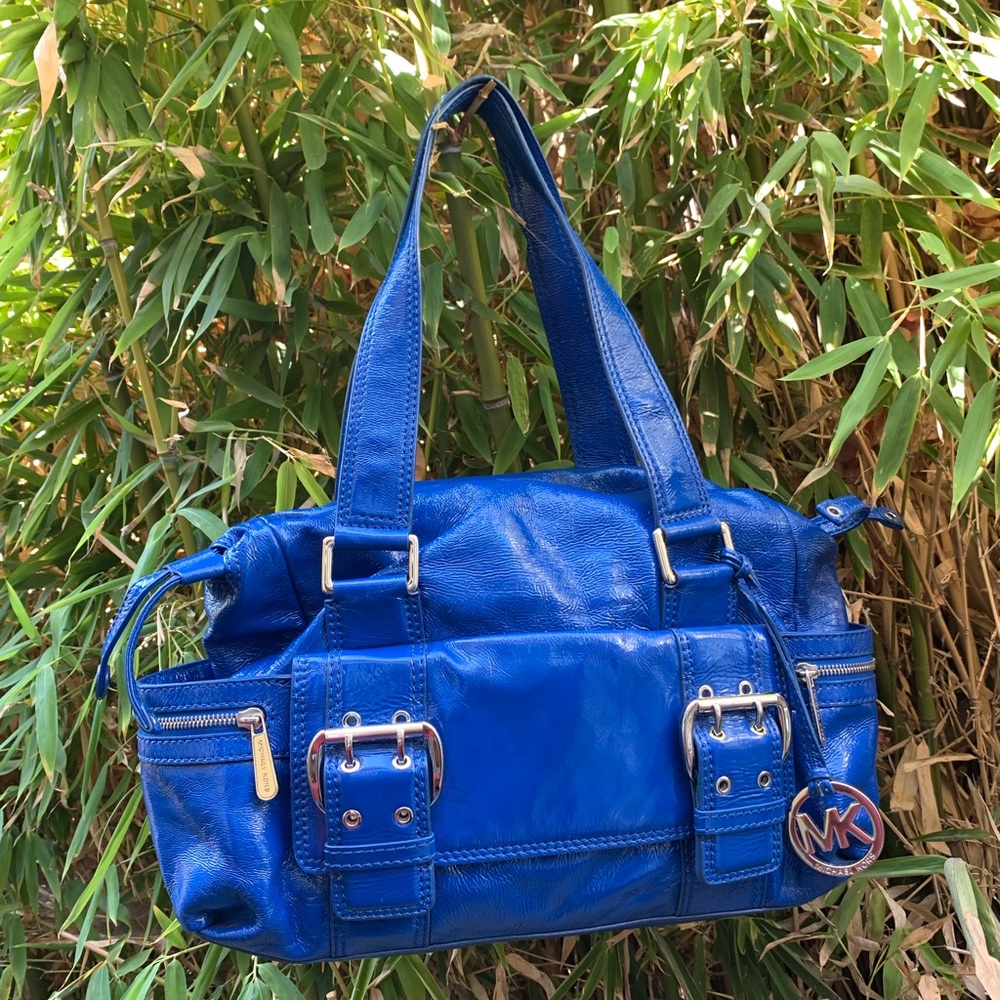 MICHAEL KORS blue patent leather satchel bag purse tote - Picture 5 of 15